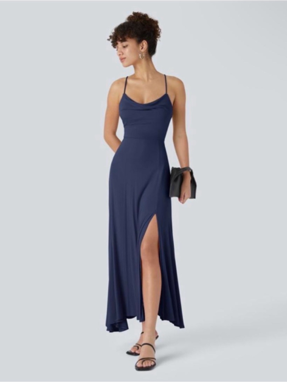 HALARA Navy Cowl Neck Spaghetti Strap Maxi Dress with Side Slit